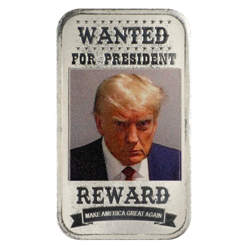 Obverse view of 1 Ounce Silver Bar featuring Donald Trump Wanted design