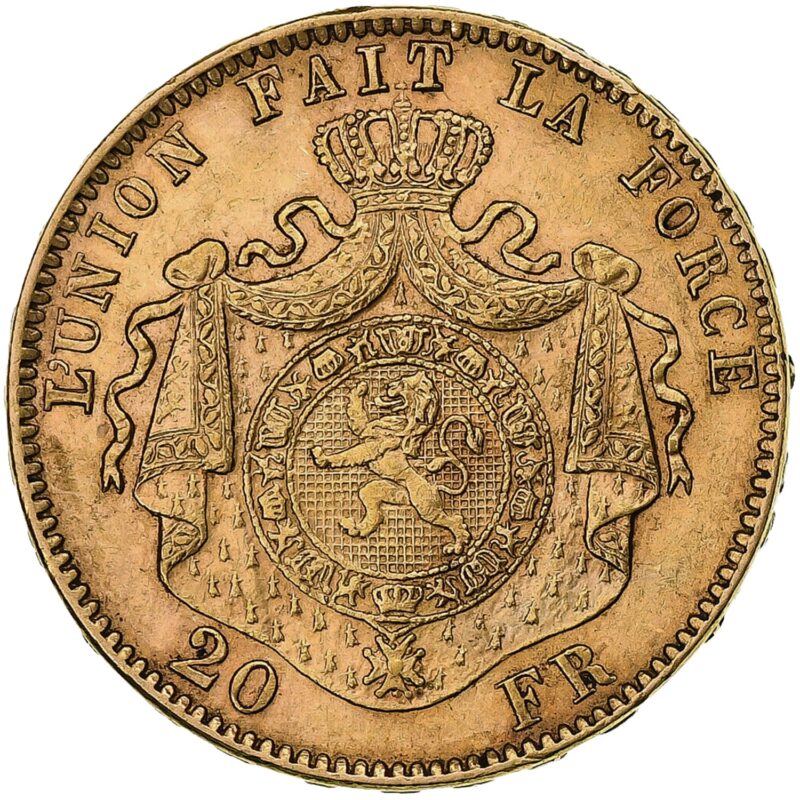Reverse of 20 Franc Belgium Gold Coin with classic design