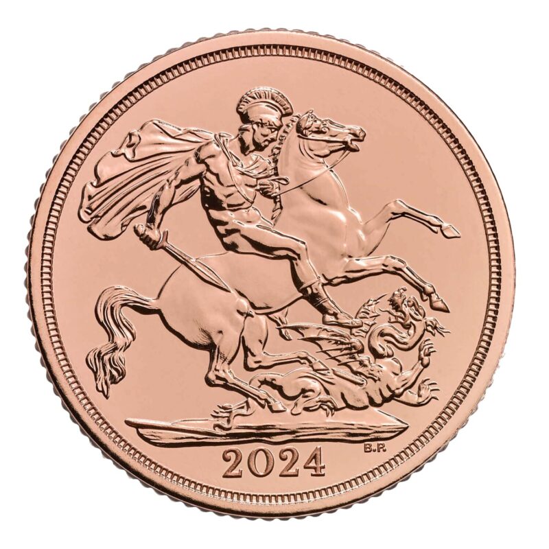 Reverse of 2024 Gold Sovereign Bullion Coin with St George and dragon design