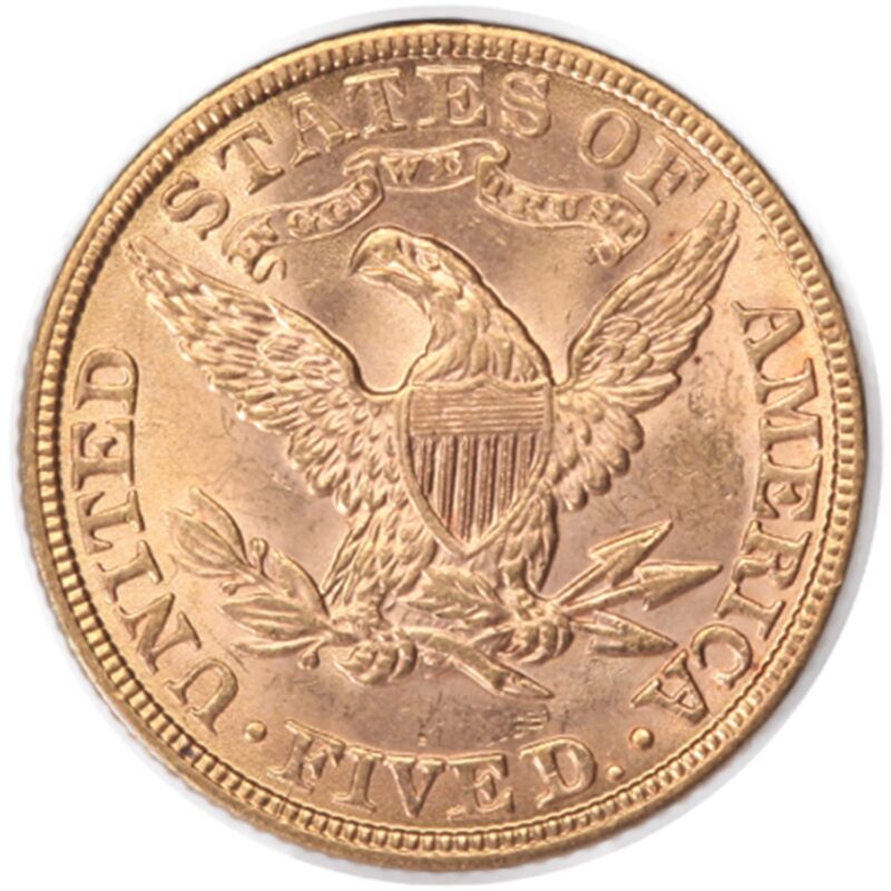 Reverse of BU $5 Liberty Gold Coin featuring heraldic eagle