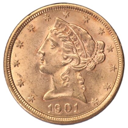 Obverse of BU $5 Liberty Gold Coin showcasing Lady Liberty