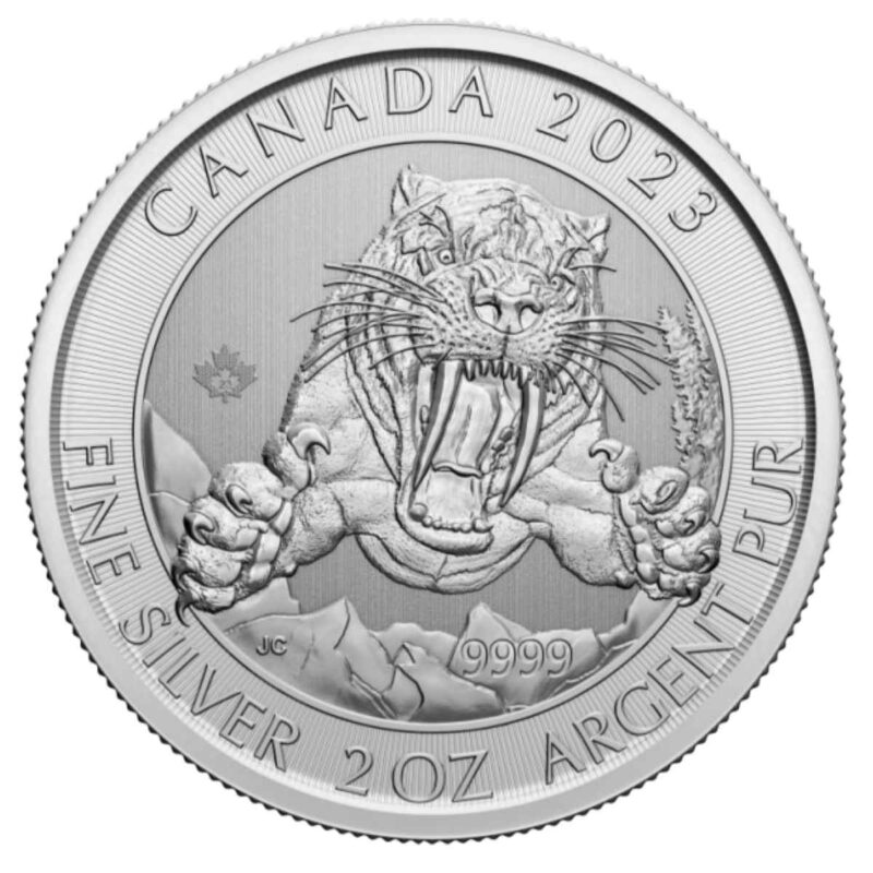 2 OUNCE SILVER ROYAL CANADIAN MINT SMILODON SABRE TOOTH CAT 2023
