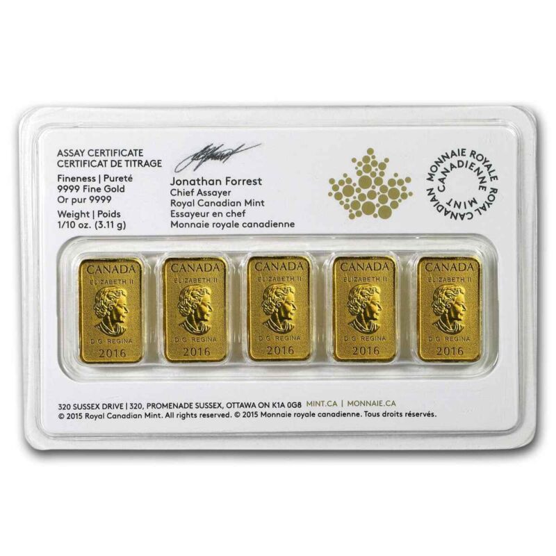 5x 1/10 OUNCE GOLD CANADIAN LEGAL TENDER BAR PACK - Image 2