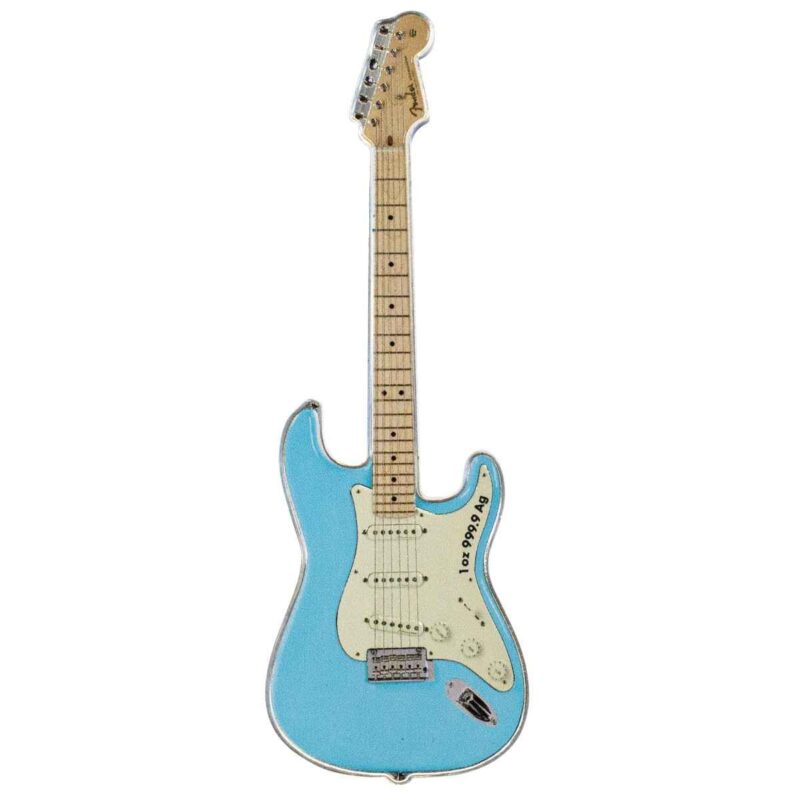 1 OUNCE SILVER FENDER STRATOCASTER DAPHENE BLUE 2023 - Image 2
