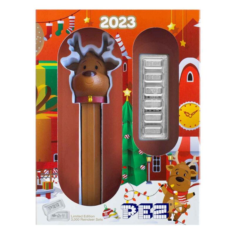 6 X 5 GRAM SILVER PAMP PEZ BARS REINDEER DISPENSER 2023