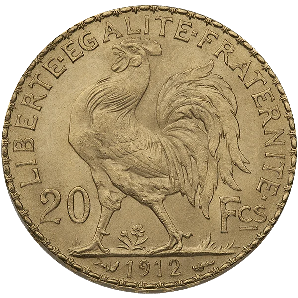 French Gold 20 Franc - Rooster (reverse)