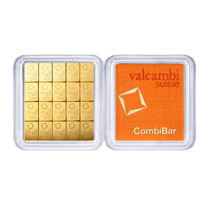 20 Gram Valcambi Gold CombiBar (20 x 1 Gram) in its open assay case