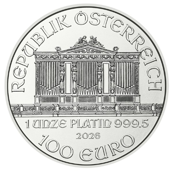 2026 1 oz Austrian Platinum Philharmonic Coin, date side