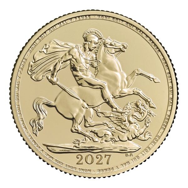 2027 British Gold Sovereign King Charles III Coin, St George and the dragon
