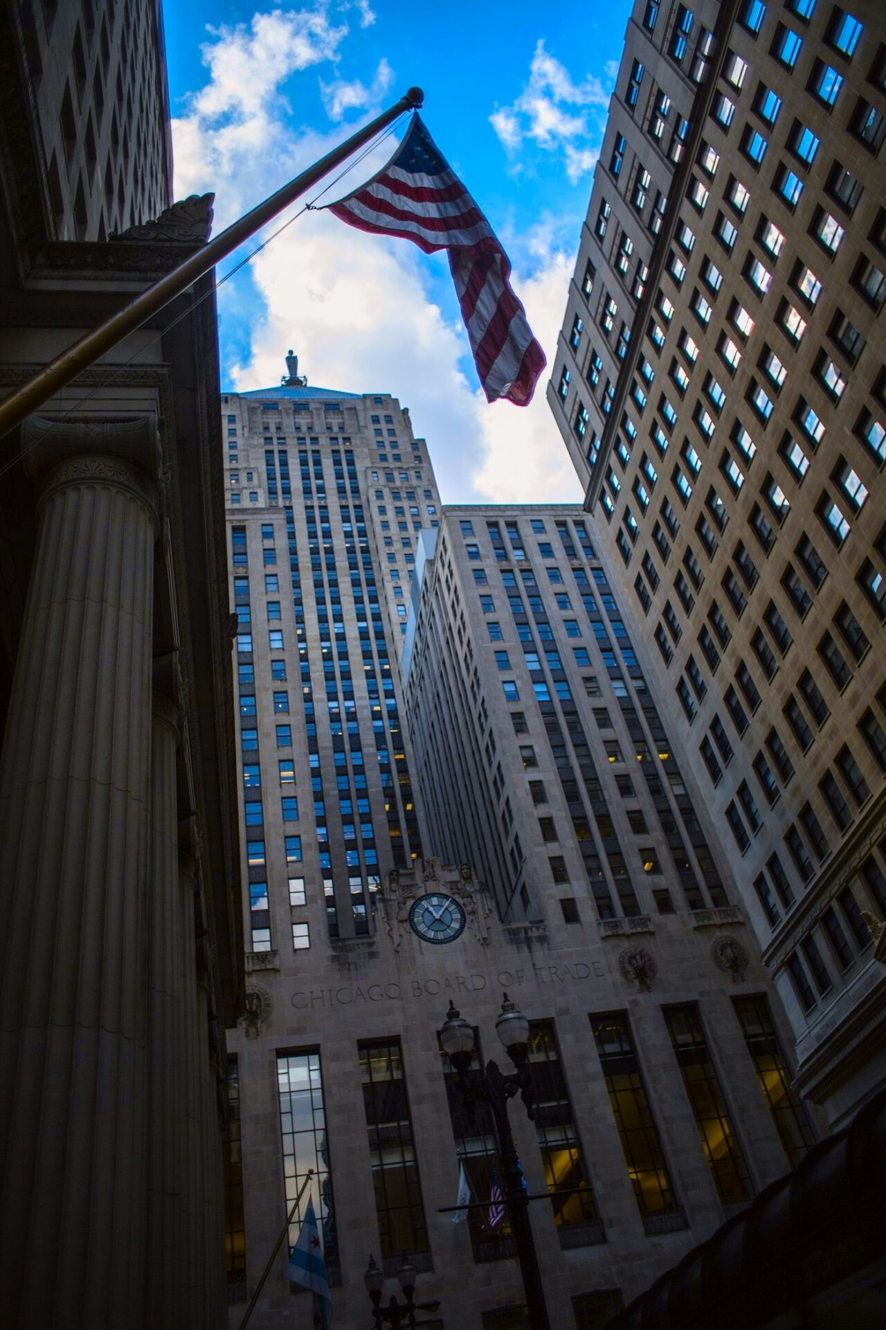 Looking up at the Chicago Board of Trade building from LaSalle Street
