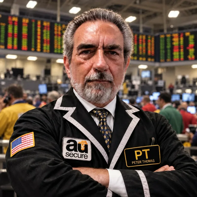 Peter Thomas, arms crossed, in his Ausecure trading jacket on a futures trading floor